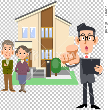シニア夫婦と書類を手に持ち指をさすスーツ姿の男性と住宅 94368549