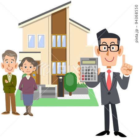 シニア夫婦と計算機を見せるスーツ姿の男性と住宅 94368550