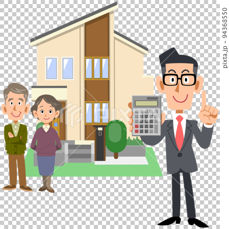 シニア夫婦と計算機を見せるスーツ姿の男性と住宅 94368550
