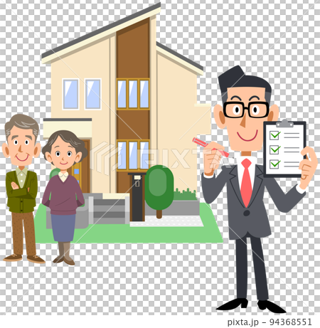 A man and a house in a suit showing a senior couple and a checklist A man and a house in a suit showing a senior couple and a checklist 94368551