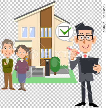 A senior couple and a man in a suit who fills in a check mark in a document and a house A senior couple and a man in a suit who fills in a check mark in a document and a house 94368552