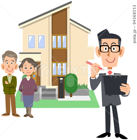 シニア夫婦と書類に記入するスーツ姿の男性と住宅 シニア夫婦と書類に記入するスーツ姿の男性と住宅 94368553