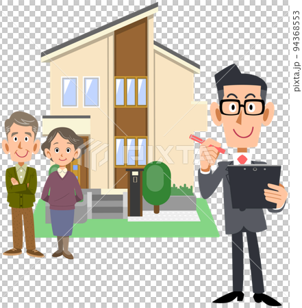 シニア夫婦と書類に記入するスーツ姿の男性と住宅 シニア夫婦と書類に記入するスーツ姿の男性と住宅 94368553