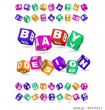 Kids cubes with ABC font. Creative children logo. Playground for childhood. Colorful style toy blocks. Alphabet studying. Numbers and letters. Babies education. Vector illustration set 94370511