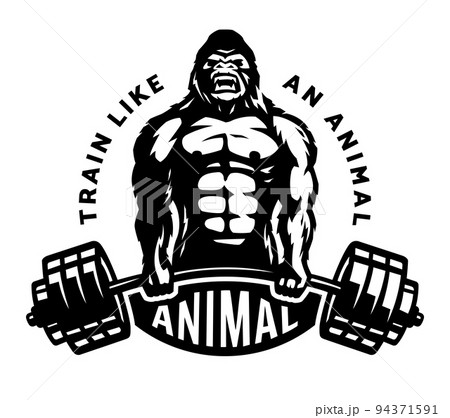 Gorilla with a barbell in his hands. Bodybuilding and fitness logo. Vector illustration. 94371591