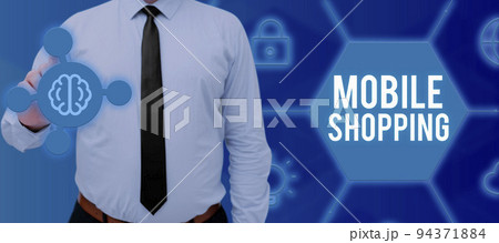 Sign displaying Mobile ShoppingBuying and selling of goods and services through mobile. Word Written on Buying and selling of goods and services through mobile 94371884