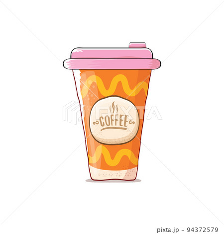 Cartoon Coffee cup isolated on white background . vector coffee paper color cup with hot coffee and color label. Coffee day sticker 94372579