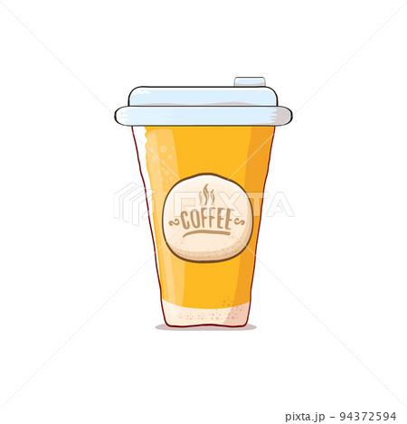 Cartoon Coffee cup isolated on white background . vector coffee paper color cup with hot coffee and color label. Coffee day sticker Cartoon Coffee cup isolated on white background . vector coffee paper color cup with hot coffee and color label. Coffee day sticker 94372594