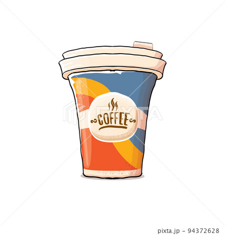 Cartoon Coffee cup isolated on white background . vector coffee paper color cup with hot coffee and color label. Coffee day sticker 94372628