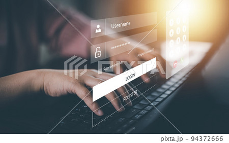 Security password login online concept Hands typing and entering username and password of social media, log in with smartphone to an online bank account, data protection from hacker Security password login online concept Hands typing and entering username and password of social media, log in with smartphone to an online bank account, data protection from hacker 94372666