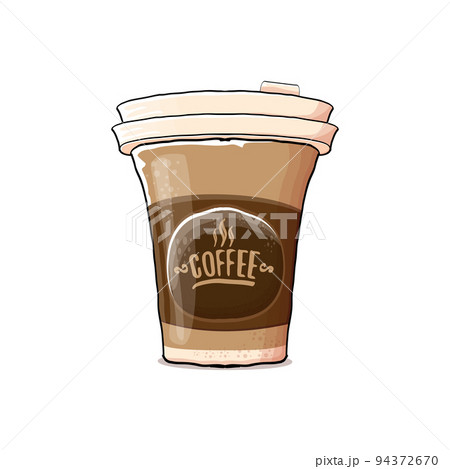 Cartoon Coffee cup isolated on white background . vector coffee paper color cup with hot coffee and color label. Coffee day sticker Cartoon Coffee cup isolated on white background . vector coffee paper color cup with hot coffee and color label. Coffee day sticker 94372670