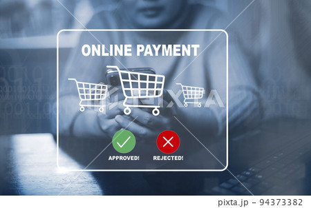 Smartphone with Online payment ,Hand touch banking online bill payment Approved concept button, credit card and network connection icon on business technology virtual screen background Smartphone with Online payment ,Hand touch banking online bill payment Approved concept button, credit card and network connection icon on business technology virtual screen background 94373382
