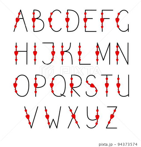 Letters of English alphabet decorated with hearts uppercase outline vector illustration, calligraphic abc, cute funny decorative handwriting, handwritten font letters, symbols 94373574