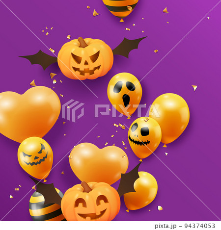 Halloween banner with flying pumpkins, confetti and ghost balloons on purple background. Halloween background with scary air balloons. Holiday greeting card 94374053