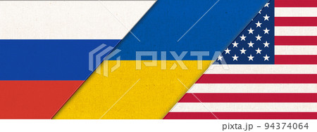 Flag of Ukraine Russia and USA-3D illustration. Three Flag Together. Flag of Ukraine Russia and USA-3D illustration. Three Flag Together. 94374064
