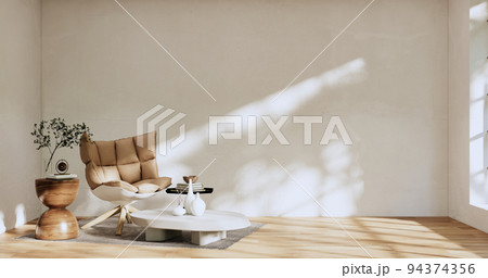 Armchair onEmpty room wabi sabi style. 3D illustration rendering Armchair onEmpty room wabi sabi style. 3D illustration rendering 94374356