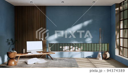 blue room and wood panels wall background 3D illustration rendering 94374389