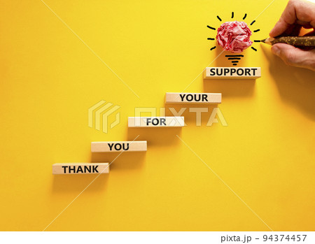 Thank you for support symbol. Concept words Thank you for your support on wooden blocks on a beautiful yellow table yellow background. Businessman hand. Business and thank you for support concept. Thank you for support symbol. Concept words Thank you for your support on wooden blocks on a beautiful yellow table yellow background. Businessman hand. Business and thank you for support concept. 94374457