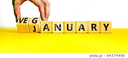 Veganuary in january symbol. Doctor turns wooden cubes and changes the concept word january to veganuary. Beautiful white background copy space. Medical and healthy veganuary in january concept. 94374490