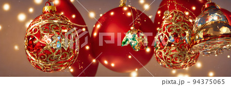 Christmas Tree, Ornaments and Defocused Lights Background. xmas balls. banner size 94375065