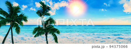 Fantasy Island. Palm trees, Sunset sea landscape. Colorful ocean beach sunrise Fantasy Island. Palm trees, Sunset sea landscape. Colorful ocean beach sunrise 94375066