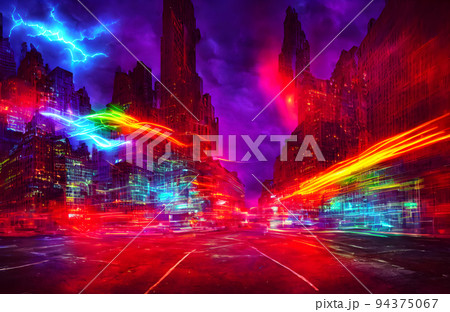 Futuristic metaverse city concept with glowing neon lights 94375067