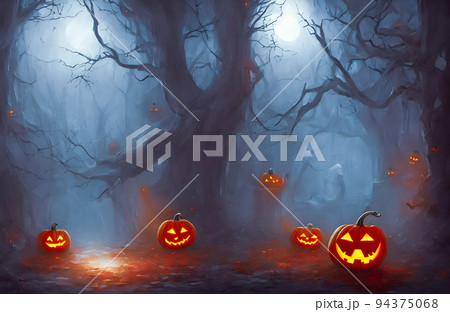 Illuminated Halloween Carved Pumpkins, head jack. Scary forest. Holiday background. Illuminated Halloween Carved Pumpkins, head jack. Scary forest. Holiday background. 94375068