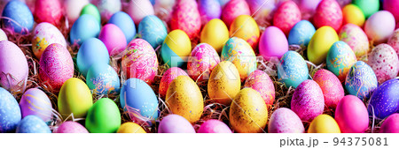 Colorful Easter Eggs Background. Banner size. 3D Colorful Easter Eggs Background. Banner size. 3D 94375081