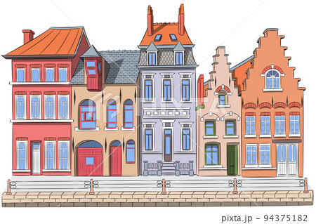 Vector. Traditional colorful medieval houses in the historic part of Bruges. 94375182