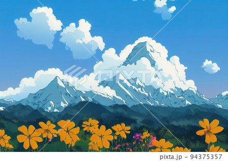 Central alps mountain peak with meadows, flowers, clouds and blue sky 94375357