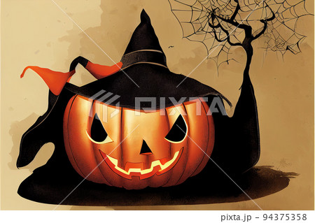 Cartoon halloween pumpkin wearing witch hat isolated Cartoon halloween pumpkin wearing witch hat isolated 94375358
