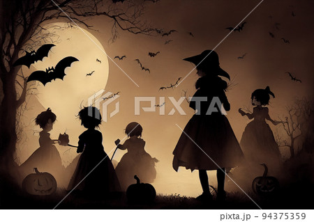 Composition of silhouette children in the halloween night  94375359