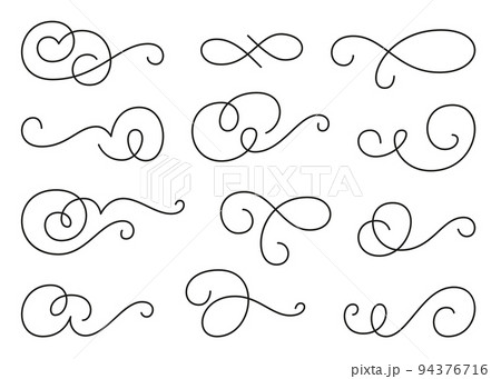 Calligraphic design element set, swirl twirl ornament. Decorative curls, swirls flourishes, divider, swashes and filigree line ornaments for menu, certificate, diploma, wedding card, invatation Calligraphic design element set, swirl twirl ornament. Decorative curls, swirls flourishes, divider, swashes and filigree line ornaments for menu, certificate, diploma, wedding card, invatation 94376716