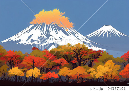 Mt, Fuji with fall colors in Japan, anime styleのイラスト素材