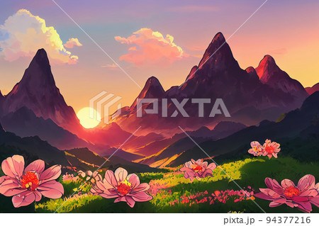 Mountains during flowers blossom and sunrise, Flowers on the mountain hills Mountains during flowers blossom and sunrise, Flowers on the mountain hills 94377216