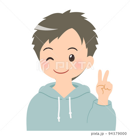 Vサインをする 若い男性のバストアップイラスト 94379000