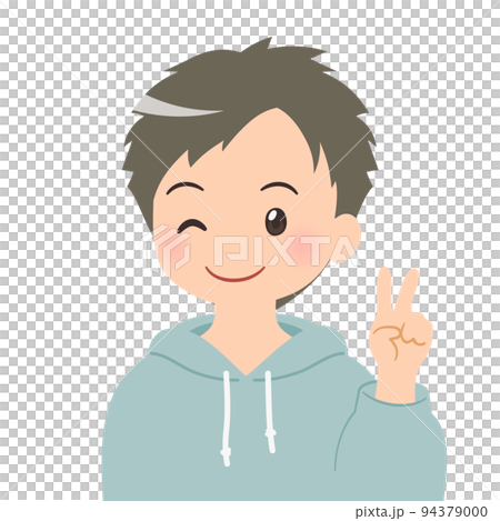 Vサインをする 若い男性のバストアップイラスト 94379000
