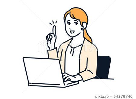 ノートパソコンを操作しながらポイントを説明するスーツの女性のベクターイラスト素材 94379740