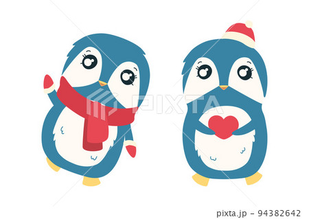 Penguin in red mittens and hat. Cute Christmas penguin character. Vector illustration 94382642