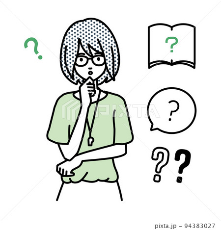 立って手をあごにあてて疑問を感じている教師の女性 クエスチョンマークのセット 立って手をあごにあてて疑問を感じている教師の女性 クエスチョンマークのセット 94383027