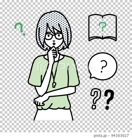 立って手をあごにあてて疑問を感じている教師の女性 クエスチョンマークのセット 立って手をあごにあてて疑問を感じている教師の女性 クエスチョンマークのセット 94383027