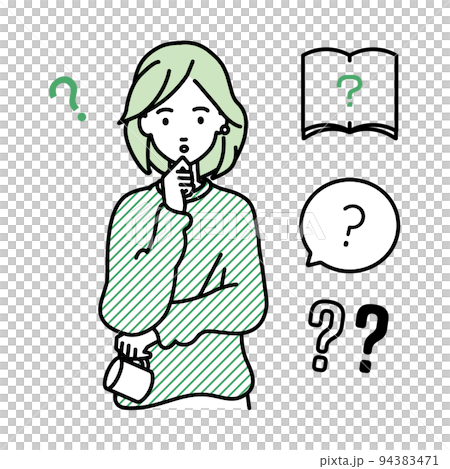 立って手をあごにあてて疑問を感じているリモートワークの女性 クエスチョンマークのセット 94383471