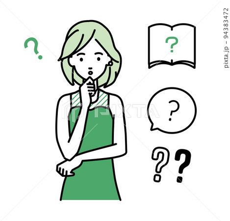 立って手をあごにあてて疑問を感じているドレスの女性 クエスチョンマークのセット 94383472