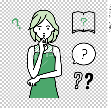 立って手をあごにあてて疑問を感じているドレスの女性 クエスチョンマークのセット 94383472