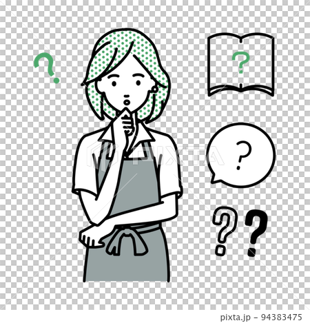 立って手をあごにあてて疑問を感じている店員の女性 クエスチョンマークのセット 94383475
