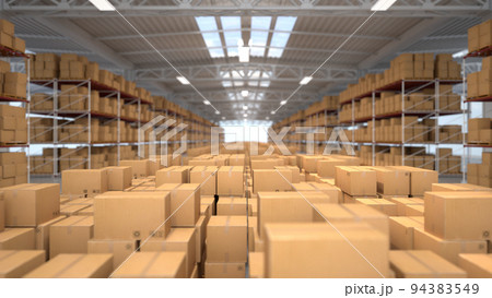 Warehouse hall with boxes and orders. Industrial interior of the hall with lighting. Logistics distribution industrial interior with gates. The work of the marketplace. Distribution center Warehouse hall with boxes and orders. Industrial interior of the hall with lighting. Logistics distribution industrial interior with gates. The work of the marketplace. Distribution center 94383549