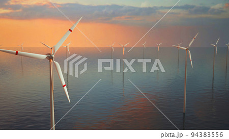 Large wind turbines with blades in field aerial view bright orange sunset blue sky wind park slow motion drone turn. Silhouettes windmills, large orange sun disc summer lens flare. Alternative energy Large wind turbines with blades in field aerial view bright orange sunset blue sky wind park slow motion drone turn. Silhouettes windmills, large orange sun disc summer lens flare. Alternative energy 94383556