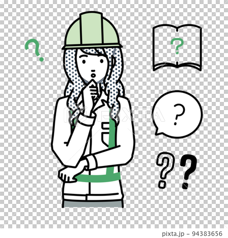 一組問號，給建築工地的一名婦女站著，雙手放在下巴上感到懷疑 94383656