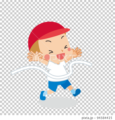 徒競走でゴールテープを切る可愛い男の子のイラスト　白背景　全身　人物　運動会　ベクター 94384415
