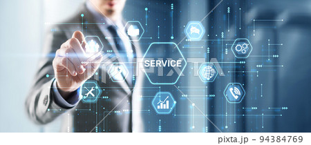 Businessman presses a button Sevice. Technical Support Customer Business Technology Internet Concept 94384769